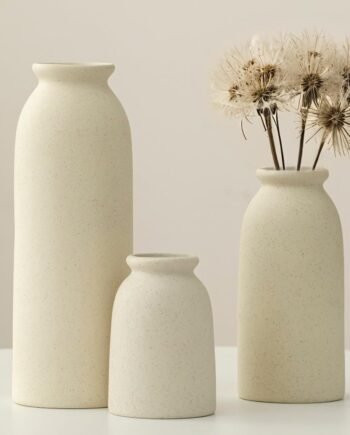 3-Piece Beige Ceramic Vase Set, Modern Boho Farmhouse, Distressed, for Pampas & Dried Flowers