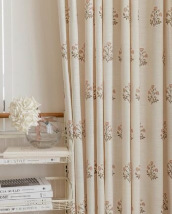 Beige White Floral Print Linen Blend Pinch Pleated Light Filtering Curtains, 2 Panels, 30x96