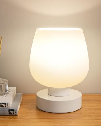 White Glass Shade Touch Table Lamp, 3-Way Dimmable, Small Bedside