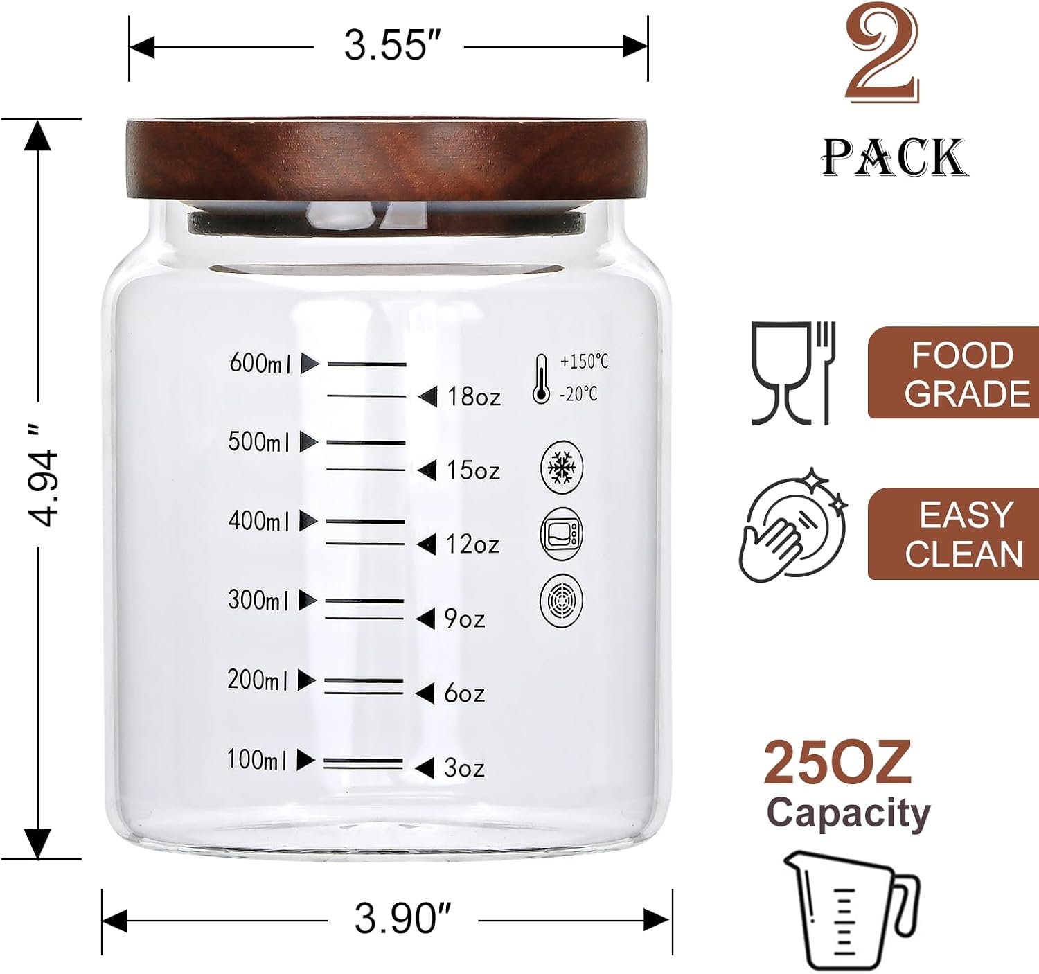 2-Pack 25oz Glass Jars with Wooden Lids and Spoons