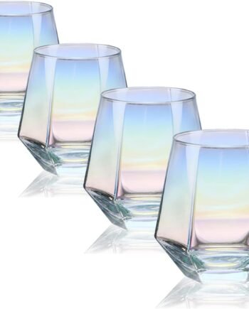4-Piece 10oz Iridescent Stemless Wine Glass Set, Modern Rainbow, for White Wine Cocktail Whiskey