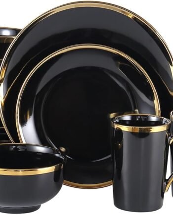 16-Piece Modern Black and Gold Porcelain Dinnerware Set for 4