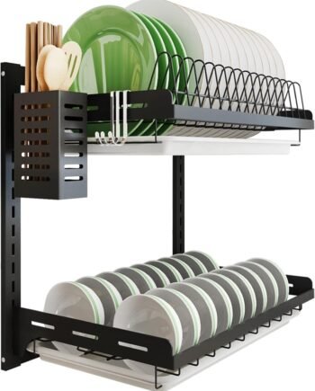 Wall-Mounted Double-Tier Dish Rack with Drain Plate Black
