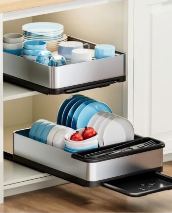Stainless Steel Drawer-Style Dish Rack with Drain Board