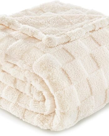 Ivory Checkered Fleece Throw, Super Soft Warm Lightweight, All-Season, 50x60