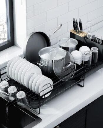 Expandable Large Cutlery Drainer with Cup Holders Black