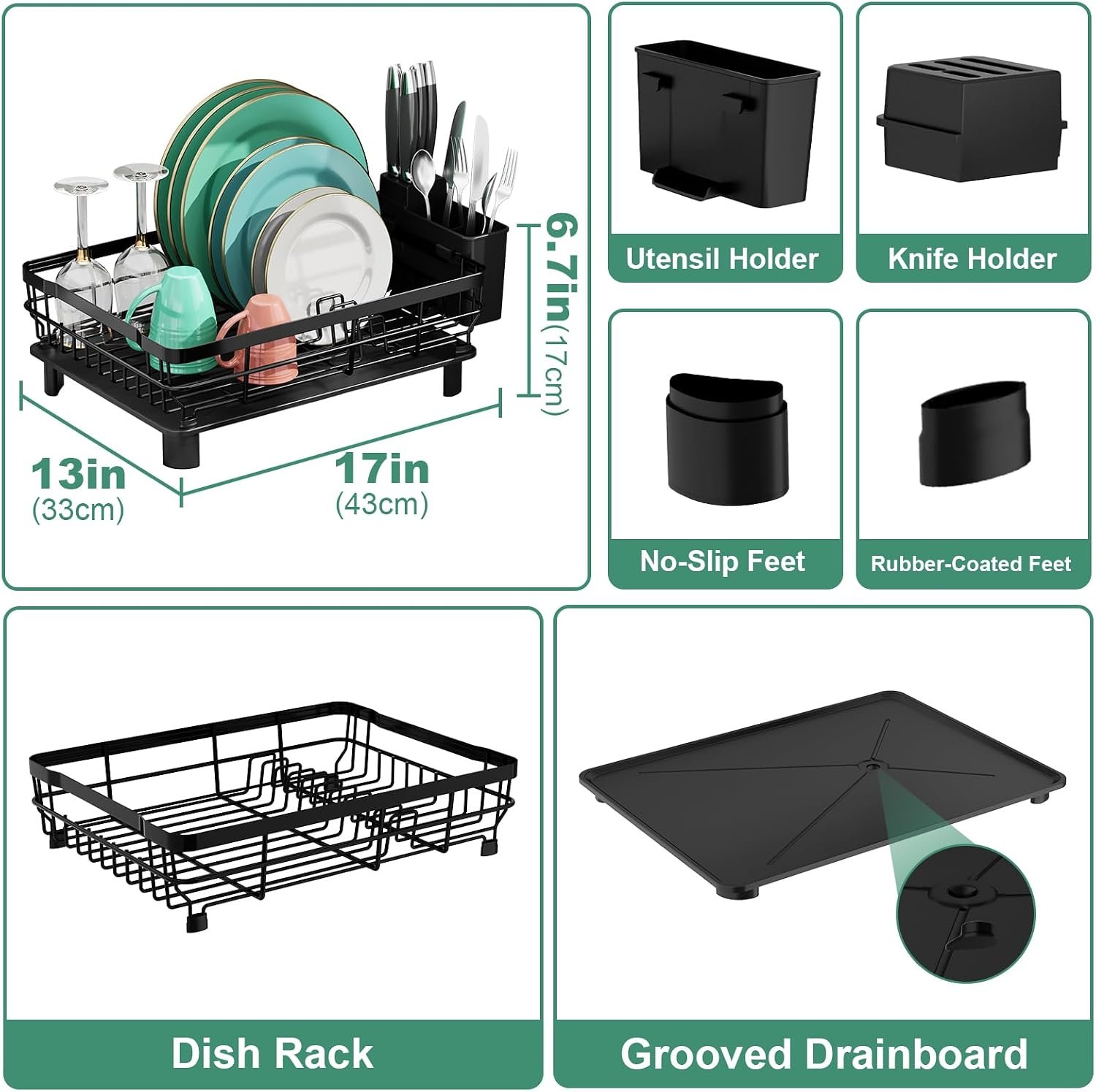 Stainless Steel Countertop Cutlery Drainer with Drain Plate Black