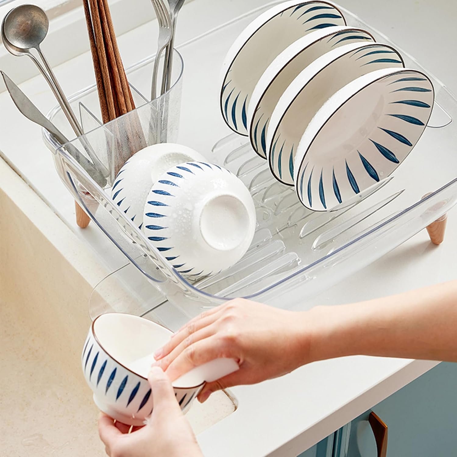 Countertop Transparent Dish Rack with Drain Board