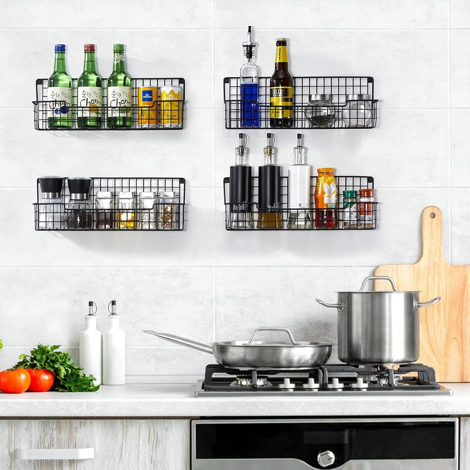4-Piece Wall-Mounted Spice Rack Set Black