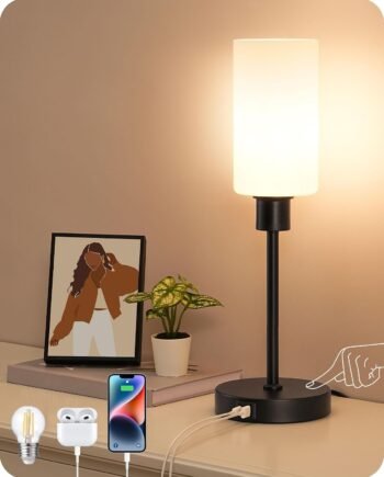 Touch Dimmable Glass Table Lamp with USB-A & Type-C, Black