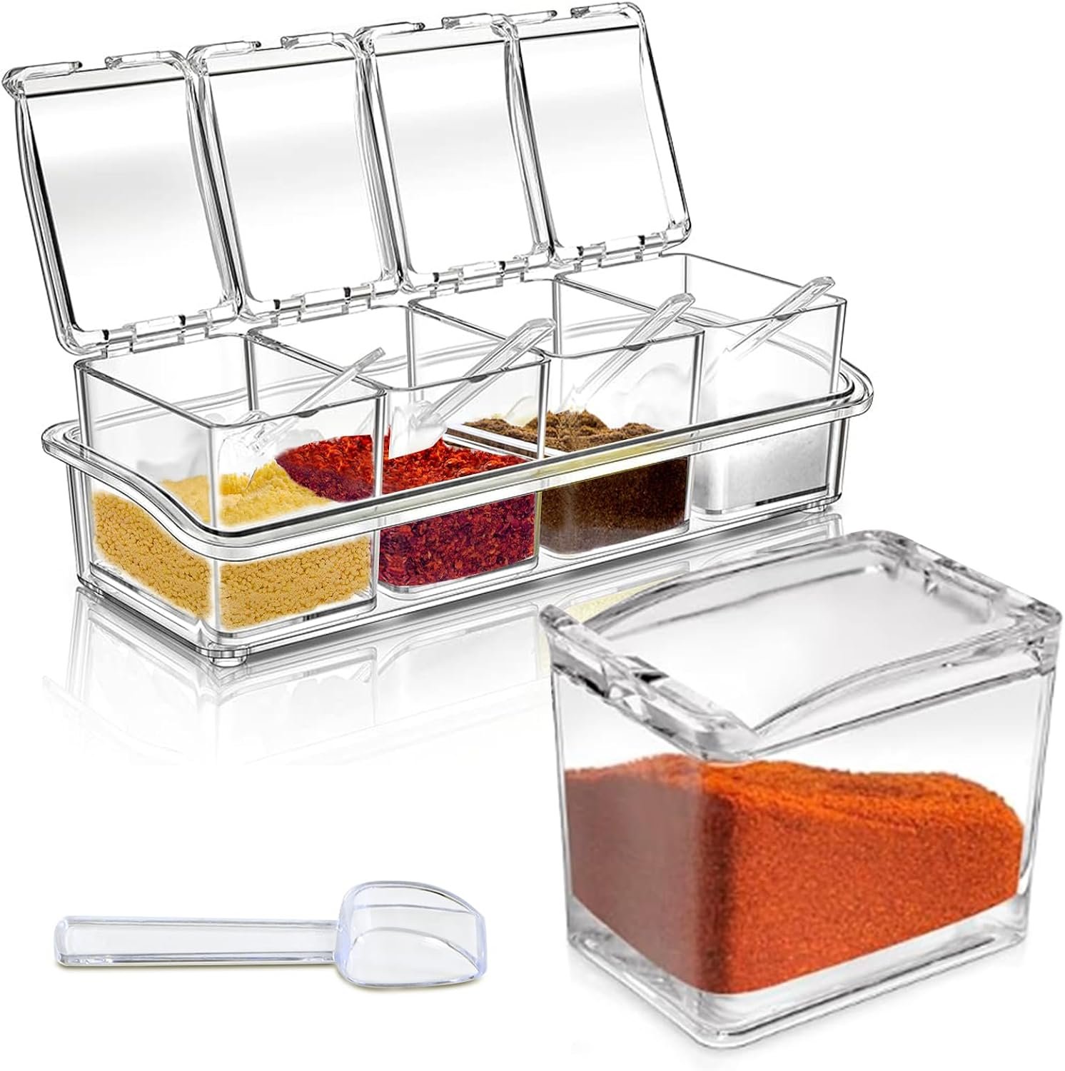 4-Compartment Transparent Spice Container Set with Spoon