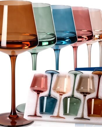 6-Piece 18oz Hand-Blown Crystal Colored Wine Glass Set, Multi-Color, for Red White Wine