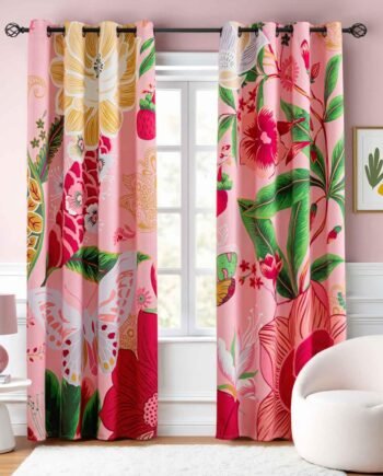 Pink Boho Floral Butterfly Botanical Blackout Curtains, 84-Inch, 2 Panels, Grommet, Thermal Insulated, 52x84