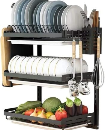 3-Tier Black Stainless Steel Wall-Mounted Dish Rack with Drain Board