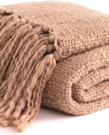 Beige Basketweave Chunky Knit Throw with Tassel, Textured Neutral, 50x60