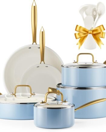 16-Piece White Gold Ceramic Nonstick Cookware Set with Utensils, Non-Toxic, Oven Dishwasher Safe, Gift