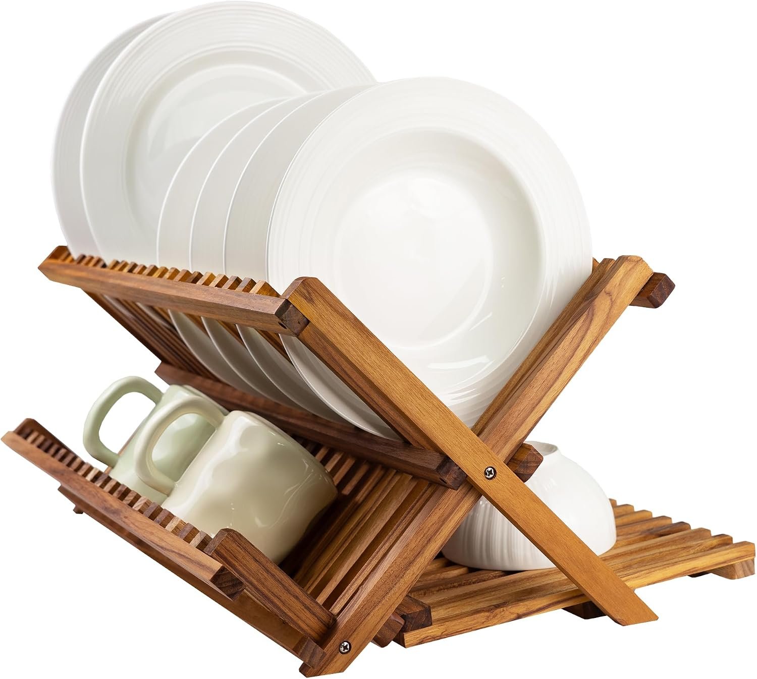 3-Tier Foldable Teak Countertop Dish Rack