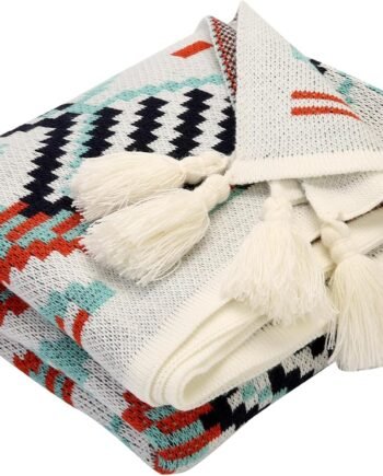 Bright Orange Boho Knitted Tassel Throw, Soft Lightweight, All-Season, for Sofa Couch Bed
