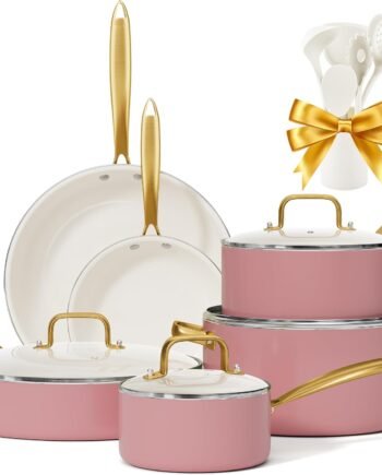 Gold Ceramic Nonstick Cookware Set with Utensils, Non-Toxic, Dutch Oven, Saucepan, Sauté Pan, Frying Pan, Gift