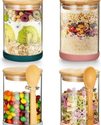 4-Piece 17oz Borosilicate Glass Jars with Bamboo Lids and Spoons