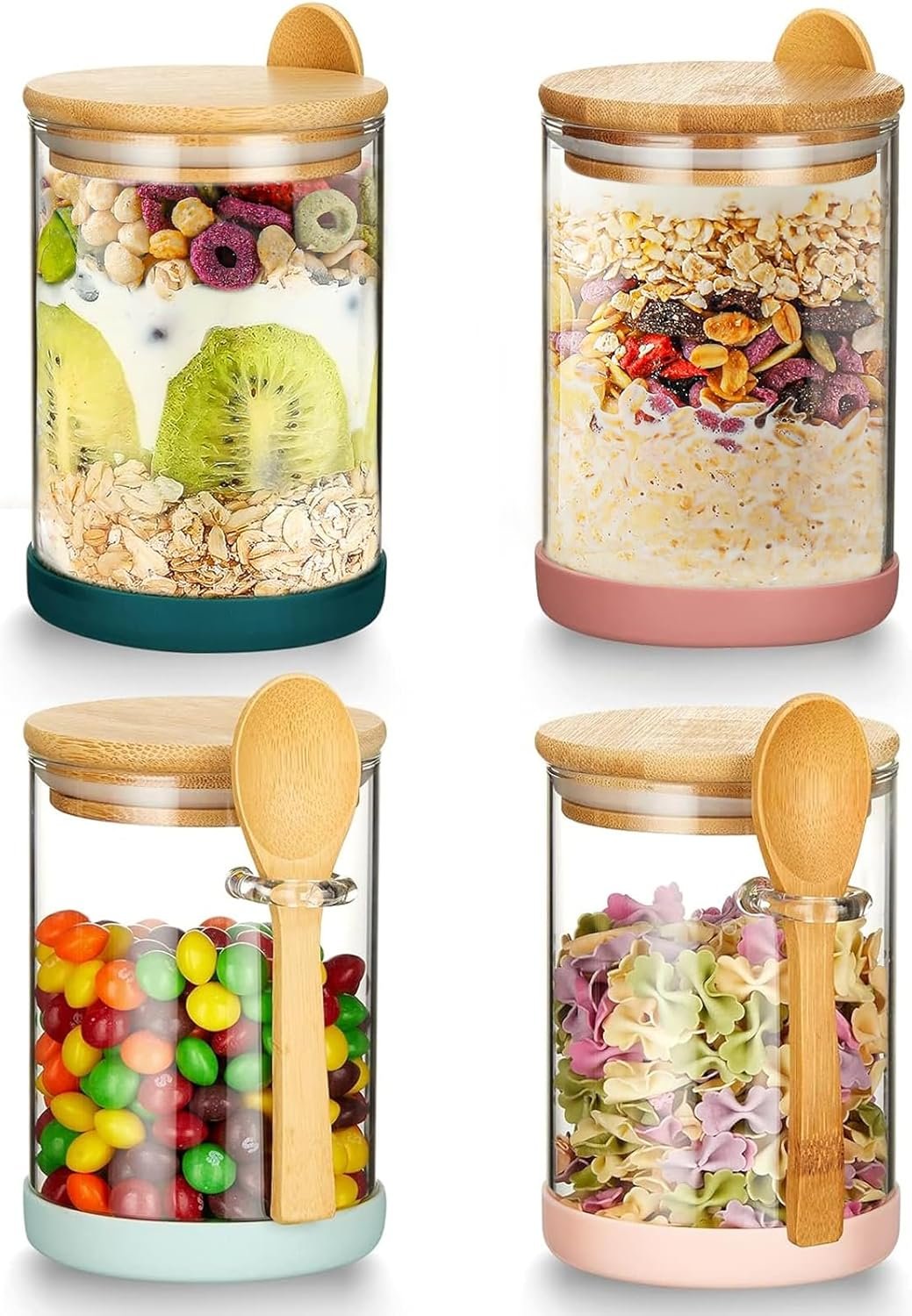 4-Piece 17oz Borosilicate Glass Jars with Bamboo Lids and Spoons