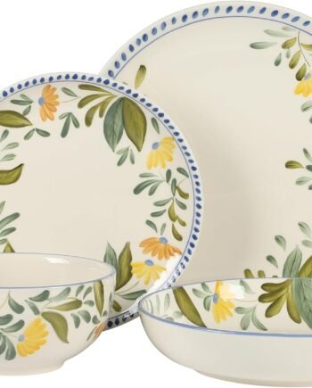 16-Piece Hand-Painted Floral Stoneware Double Bowl Dinnerware Set, Service for 4