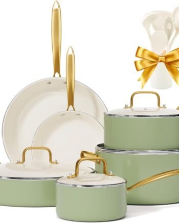 Ceramic Nonstick Cookware Set with Utensils, Non-Toxic, Dutch Oven, Saucepan, Sauté Pan, Frying Pan, Gift