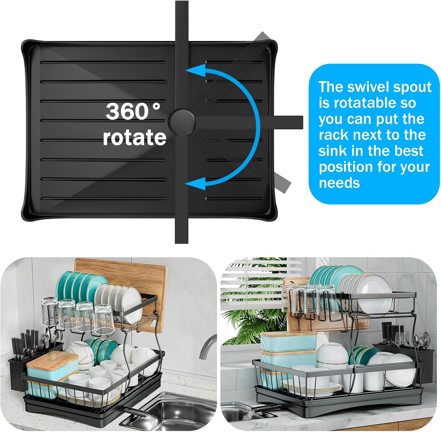 Large Double-Layer Removable Cutlery Drainer Black
