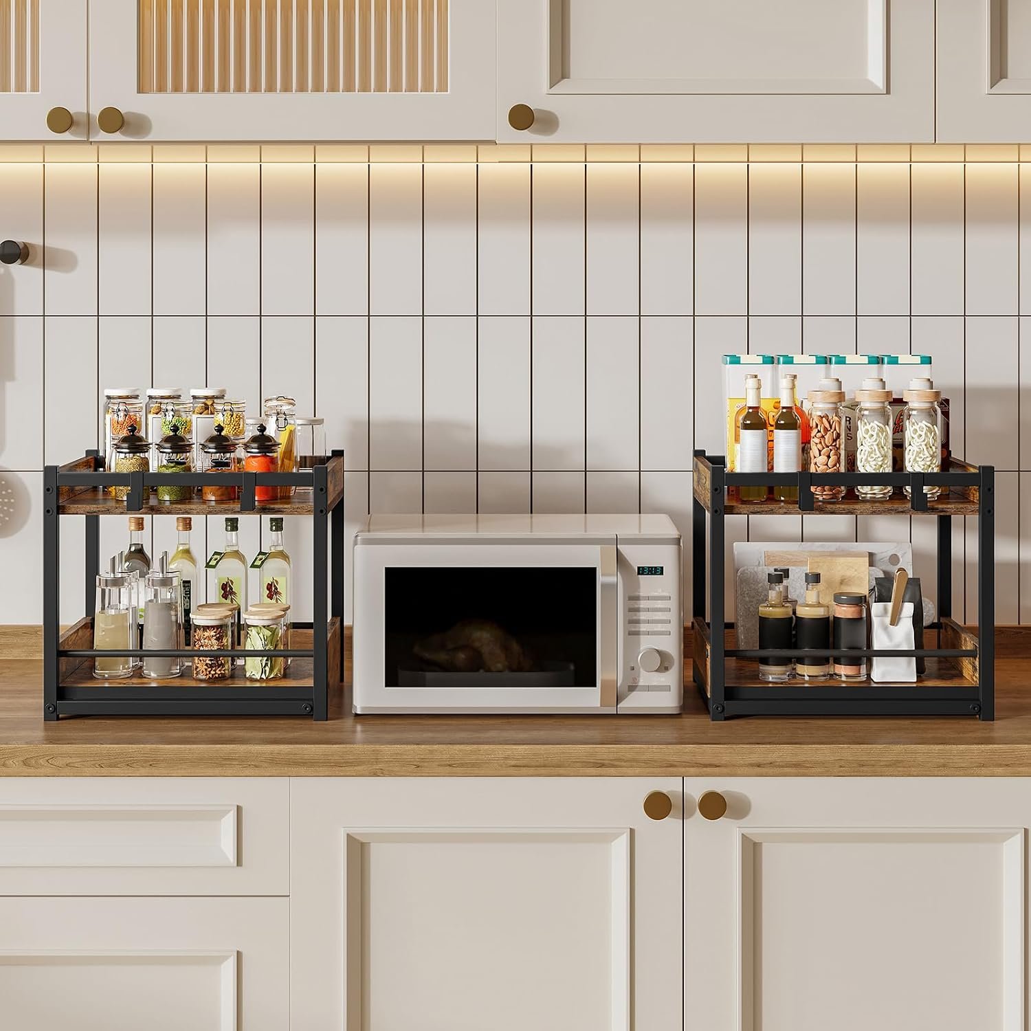Double-Layer Corner Countertop Storage Rack with Pull-Out Shelves