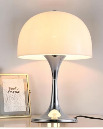 Modern Mushroom Table Lamp, Milky White Acrylic Shade, Chrome Base, 3-Light LED