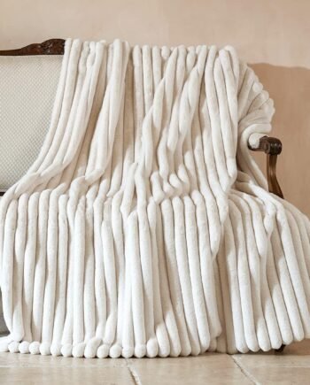 Ivory Faux Fur Striped Plush Throw, Cozy Fuzzy, 55x70, for Couch Bed Living Room