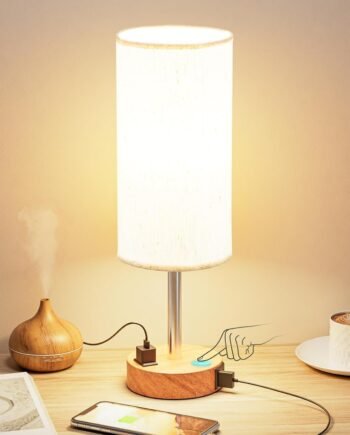 Wood Base Touch Lamp with USB-C & AC Outlet, 3-Way Dimmable, Linen Shade