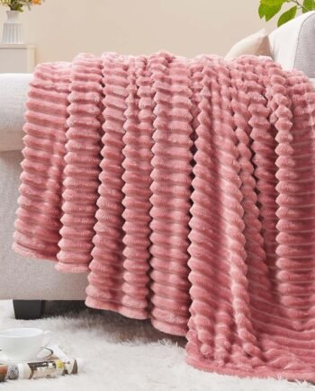 Pink 3D Ribbed Jacquard Fleece Throw, Cozy Fluffy Plush Lightweight, 50x60, for Bed Sofa