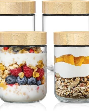 4-Pack 16oz Glass Overnight Oats Jars with Bamboo Lids
