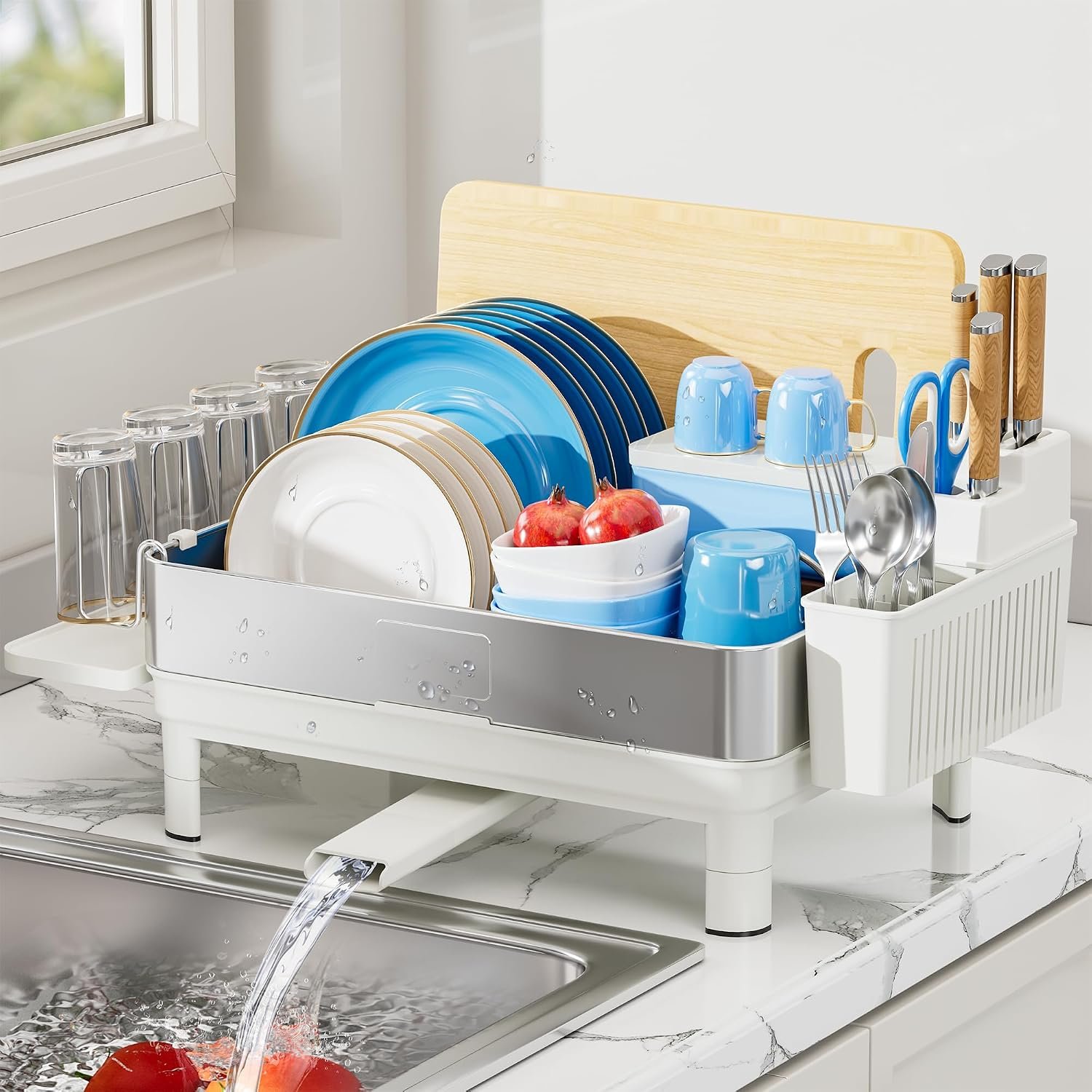 White Stainless Steel Countertop Cutlery Drainer with Auto Drain