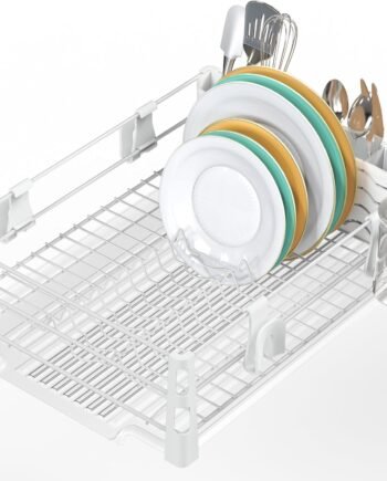 White Metal Countertop Dish Rack with Drain Board and Hooks