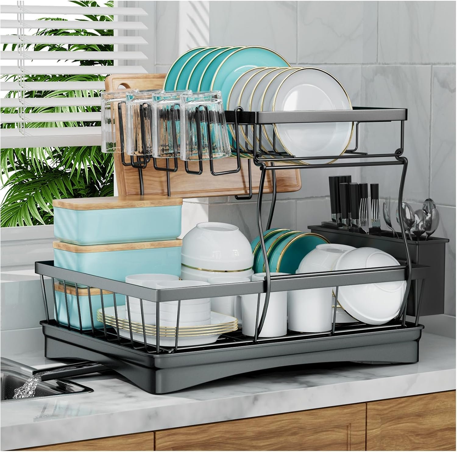 Large Double-Layer Removable Cutlery Drainer Black