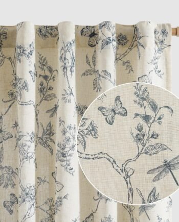 Blue Floral Linen Farmhouse Curtains, 84-Inch, Back Tab, Light Filtering, 2 Panels, Blue on Beige