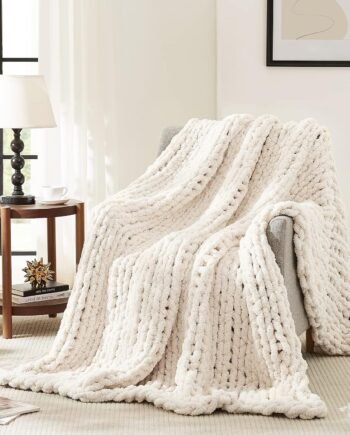 Soft Chunky Knit Chenille Throw, 50x60, Handmade Cable Knit Crochet, for Couch Home Decor