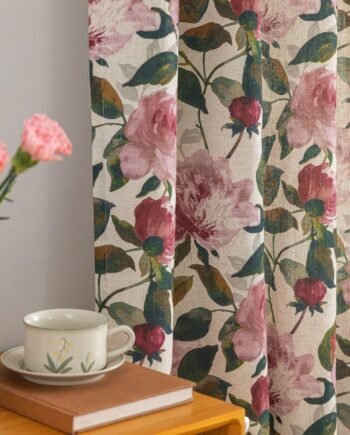 Pink Floral Linen Shabby Chic Short Curtains, 63-Inch, 2 Panels, 50x63, Light Filtering
