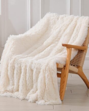 Cream White Reversible Faux Fur Shaggy Throw, Extra Soft Fuzzy, 50x60, for Couch Sofa Bedroom