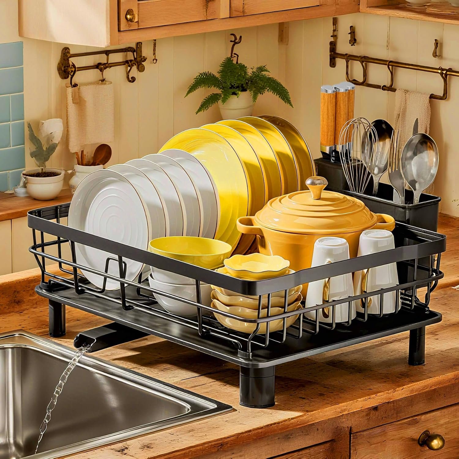Stainless Steel Countertop Cutlery Drainer with Drain Plate Black