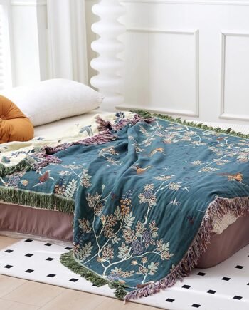 Green Floral Bird Print 100% Cotton Boho Quilt Throw, Ultra Soft Rustic Farmhouse, 60x80