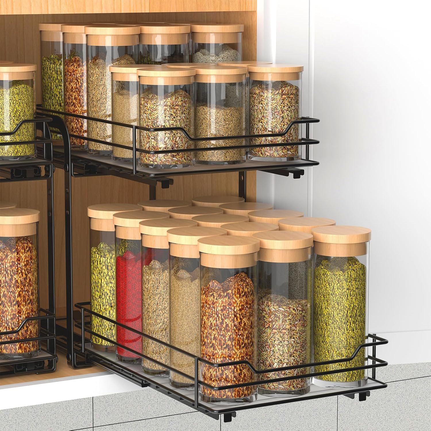 Double-Layer Drawer-Type Spice Rack with Adjustable Metal Basket