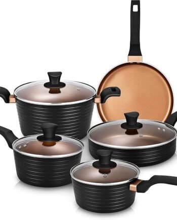 9-Piece Black Induction Nonstick Cookware Set, Chemical-Free, Saucepan, Frying Pan, Saute Pan