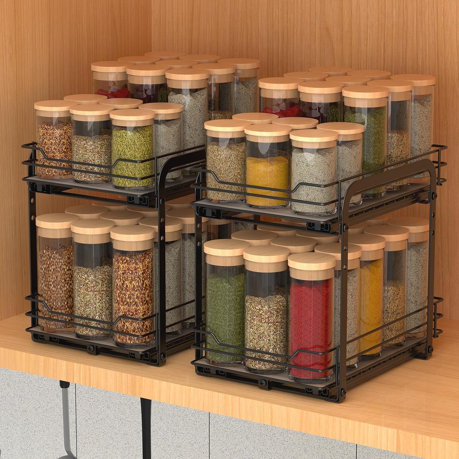 Double-Layer Drawer-Type Spice Rack with Adjustable Metal Basket