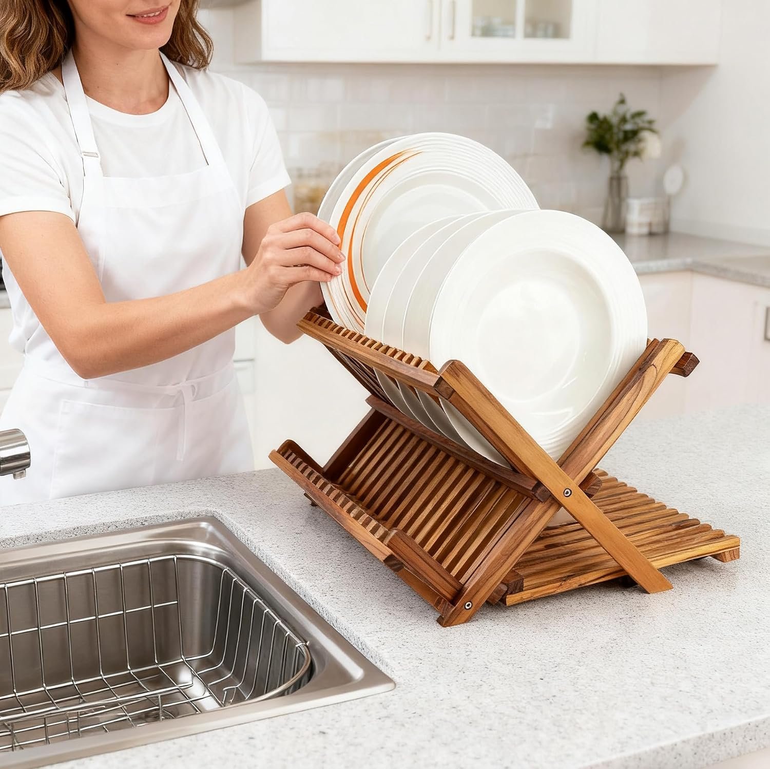 3-Tier Foldable Teak Countertop Dish Rack