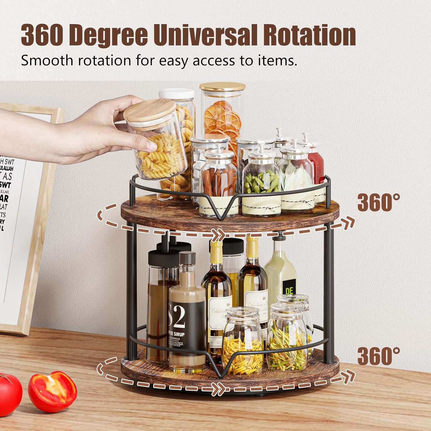 12-Inch Double-Layer Wooden Rotating Spice Rack Brown