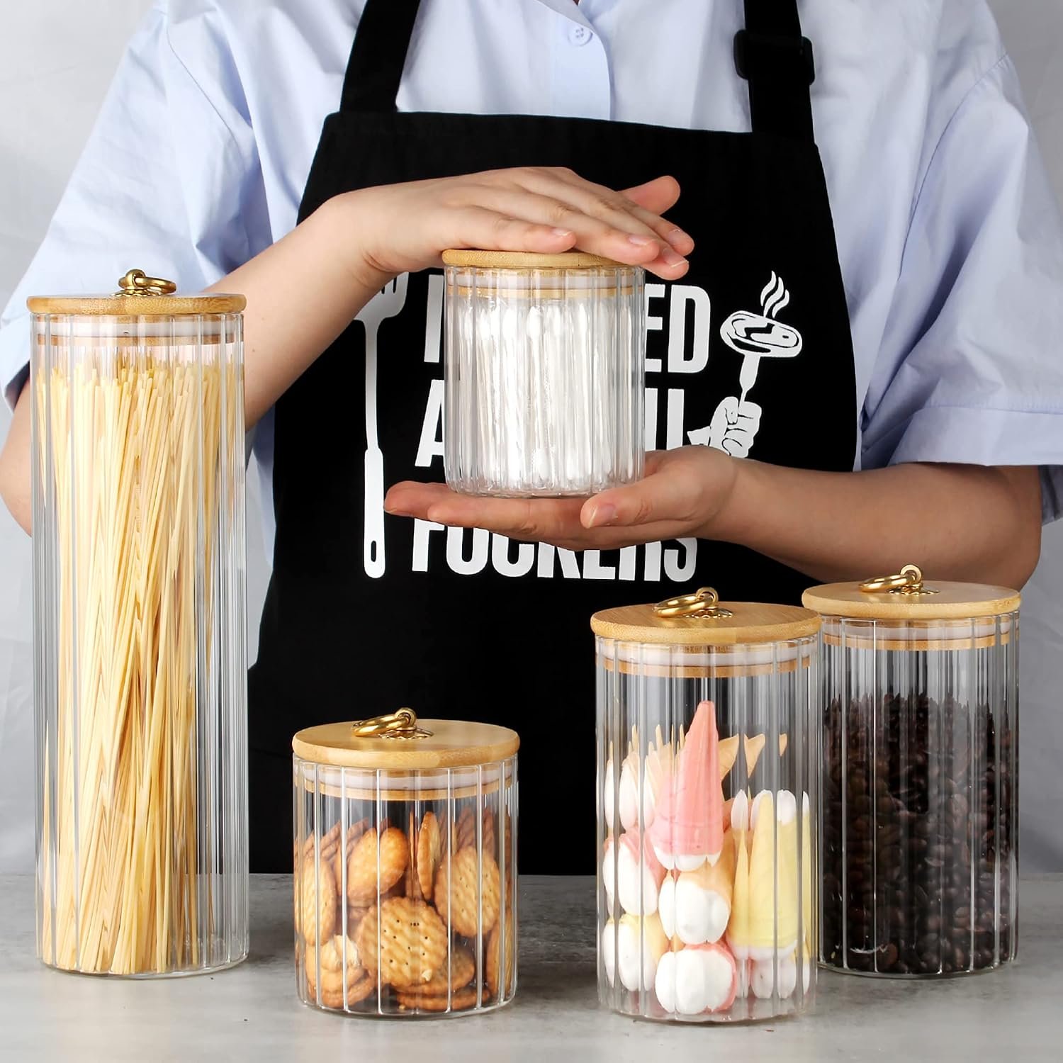 5-Piece Glass Storage Jar Set with Bamboo Lids and Metal Ring