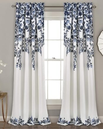 Navy & White Floral Vine Light Filtering Curtain Panel Set, 52x84, Pair